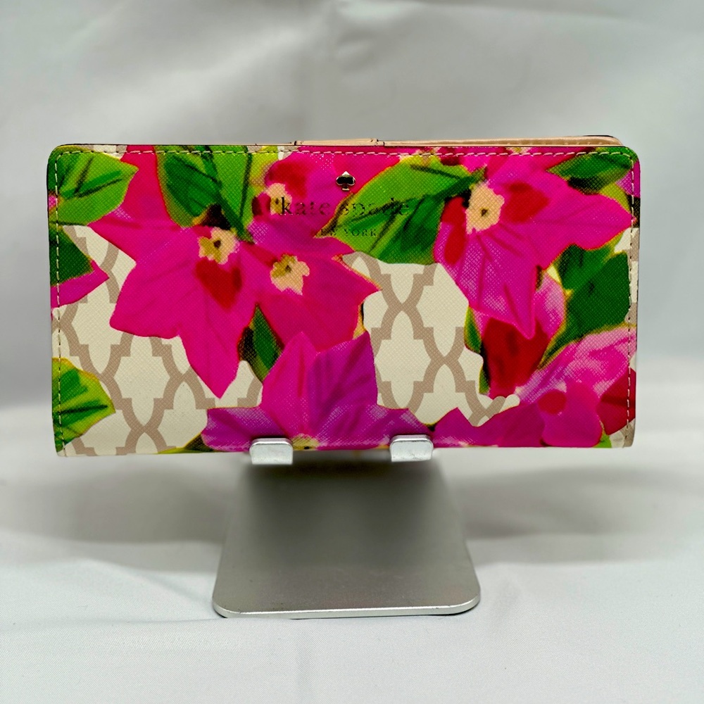Kate Spade Pink Floral Pattern Tan Leather  Long Bifold Snap Wallet